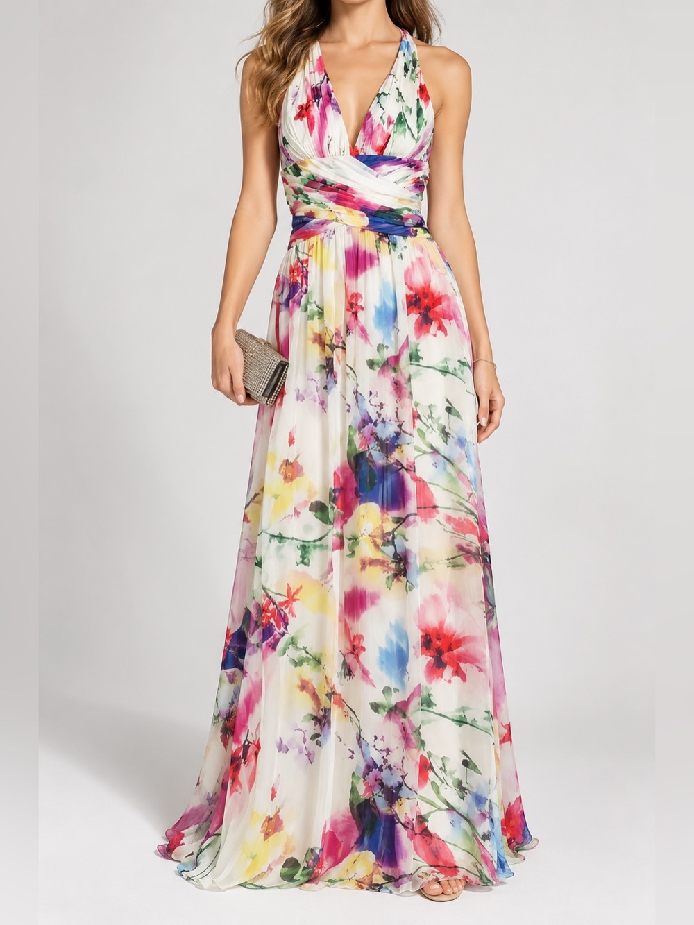 Adrianna Papell Hailey dress Watercolor Floral Halter Maxi Dress Size 8